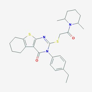 molecular formula C27H33N3O2S2 B306089 2-{[2-(2,6-dimethyl-1-piperidinyl)-2-oxoethyl]sulfanyl}-3-(4-ethylphenyl)-5,6,7,8-tetrahydro[1]benzothieno[2,3-d]pyrimidin-4(3H)-one 