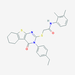 molecular formula C28H29N3O2S2 B306090 N-(2,3-dimethylphenyl)-2-{[3-(4-ethylphenyl)-4-oxo-3,4,5,6,7,8-hexahydro[1]benzothieno[2,3-d]pyrimidin-2-yl]sulfanyl}acetamide 