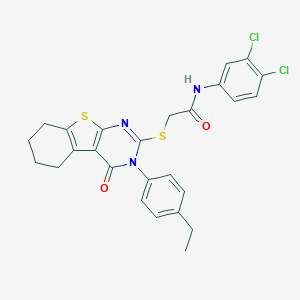 molecular formula C26H23Cl2N3O2S2 B306091 N-(3,4-dichlorophenyl)-2-{[3-(4-ethylphenyl)-4-oxo-3,4,5,6,7,8-hexahydro[1]benzothieno[2,3-d]pyrimidin-2-yl]sulfanyl}acetamide 