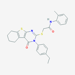 molecular formula C27H27N3O2S2 B306092 2-{[3-(4-ethylphenyl)-4-oxo-3,4,5,6,7,8-hexahydro[1]benzothieno[2,3-d]pyrimidin-2-yl]sulfanyl}-N-(2-methylphenyl)acetamide 