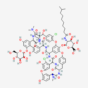 molecular formula C87H98Cl2N10O28 B3060958 (2S,3S,4R,5R,6S)-6-[[(1S,2R,19R,22S,34S,37R,40R,52S)-5,32-dichloro-52-[3-(dimethylamino)propylcarbamoyl]-2,26,31,44,49-pentahydroxy-22-(methylamino)-21,35,38,54,56,59-hexaoxo-47-[(2R,3S,4S,5S,6R)-3,4,5-trihydroxy-6-(hydroxymethyl)oxan-2-yl]oxy-7,13,28-trioxa-20,36,39,53,55,58-hexazaundecacyclo[38.14.2.23,6.214,17.219,34.18,12.123,27.129,33.141,45.010,37.046,51]hexahexaconta-3,5,8,10,12(64),14(63),15,17(62),23(61),24,26,29(60),30,32,41(57),42,44,46(51),47,49,65-henicosaen-64-yl]oxy]-3,4-dihydroxy-5-(9-methyldecanoylamino)oxane-2-carboxylic acid CAS No. 171500-81-5