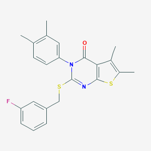 molecular formula C23H21FN2OS2 B306096 3-(3,4-dimethylphenyl)-2-[(3-fluorobenzyl)sulfanyl]-5,6-dimethylthieno[2,3-d]pyrimidin-4(3H)-one 