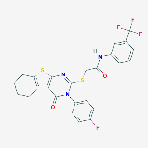 molecular formula C25H19F4N3O2S2 B306097 2-{[3-(4-fluorophenyl)-4-oxo-3,4,5,6,7,8-hexahydro[1]benzothieno[2,3-d]pyrimidin-2-yl]sulfanyl}-N-[3-(trifluoromethyl)phenyl]acetamide 