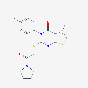 molecular formula C22H25N3O2S2 B306099 3-(4-ethylphenyl)-5,6-dimethyl-2-{[2-oxo-2-(1-pyrrolidinyl)ethyl]sulfanyl}thieno[2,3-d]pyrimidin-4(3H)-one 