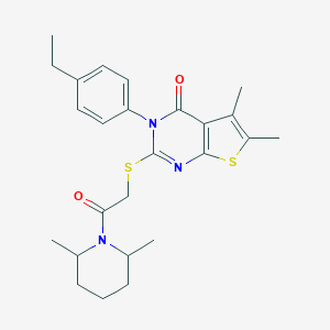 molecular formula C25H31N3O2S2 B306101 2-{[2-(2,6-dimethyl-1-piperidinyl)-2-oxoethyl]sulfanyl}-3-(4-ethylphenyl)-5,6-dimethylthieno[2,3-d]pyrimidin-4(3H)-one 