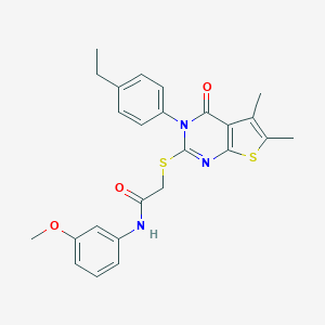 molecular formula C25H25N3O3S2 B306103 2-{[3-(4-ethylphenyl)-5,6-dimethyl-4-oxo-3,4-dihydrothieno[2,3-d]pyrimidin-2-yl]sulfanyl}-N-(3-methoxyphenyl)acetamide 