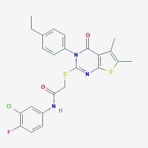 molecular formula C24H21ClFN3O2S2 B306104 N-(3-chloro-4-fluorophenyl)-2-{[3-(4-ethylphenyl)-5,6-dimethyl-4-oxo-3,4-dihydrothieno[2,3-d]pyrimidin-2-yl]sulfanyl}acetamide 