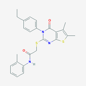 molecular formula C25H25N3O2S2 B306105 2-{[3-(4-ethylphenyl)-5,6-dimethyl-4-oxo-3,4-dihydrothieno[2,3-d]pyrimidin-2-yl]sulfanyl}-N-(2-methylphenyl)acetamide 