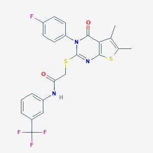 molecular formula C23H17F4N3O2S2 B306108 2-{[3-(4-fluorophenyl)-5,6-dimethyl-4-oxo-3,4-dihydrothieno[2,3-d]pyrimidin-2-yl]sulfanyl}-N-[3-(trifluoromethyl)phenyl]acetamide 