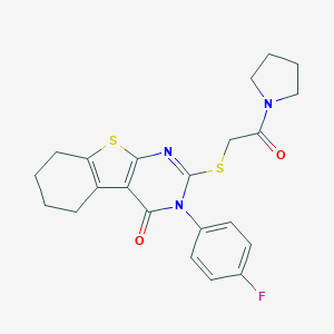 molecular formula C22H22FN3O2S2 B306113 3-(4-fluorophenyl)-2-{[2-oxo-2-(1-pyrrolidinyl)ethyl]sulfanyl}-5,6,7,8-tetrahydro[1]benzothieno[2,3-d]pyrimidin-4(3H)-one 