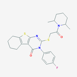 molecular formula C25H28FN3O2S2 B306115 2-{[2-(2,6-dimethyl-1-piperidinyl)-2-oxoethyl]sulfanyl}-3-(4-fluorophenyl)-5,6,7,8-tetrahydro[1]benzothieno[2,3-d]pyrimidin-4(3H)-one 