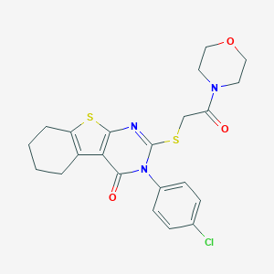 molecular formula C22H22ClN3O3S2 B306119 3-(4-chlorophenyl)-2-{[2-(4-morpholinyl)-2-oxoethyl]sulfanyl}-5,6,7,8-tetrahydro[1]benzothieno[2,3-d]pyrimidin-4(3H)-one 