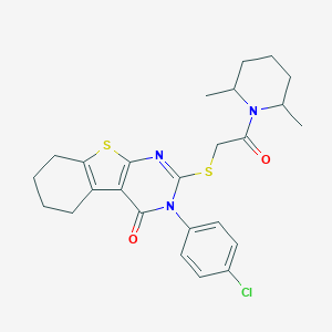 molecular formula C25H28ClN3O2S2 B306120 3-(4-chlorophenyl)-2-{[2-(2,6-dimethyl-1-piperidinyl)-2-oxoethyl]sulfanyl}-5,6,7,8-tetrahydro[1]benzothieno[2,3-d]pyrimidin-4(3H)-one 