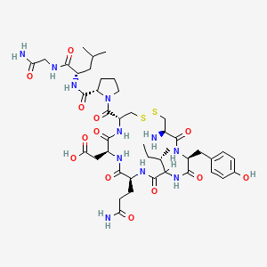 molecular formula C43H65N11O13S2 B3061210 2-[(4R,7S,10S,16S,19R)-19-amino-4-[(2S)-2-[[(2S)-1-[(2-amino-2-oxoethyl)amino]-4-methyl-1-oxopentan-2-yl]carbamoyl]pyrrolidine-1-carbonyl]-10-(3-amino-3-oxopropyl)-13-[(2S)-butan-2-yl]-16-[(4-hydroxyphenyl)methyl]-6,9,12,15,18-pentaoxo-1,2-dithia-5,8,11,14,17-pentazacycloicos-7-yl]acetic acid CAS No. 65907-78-0