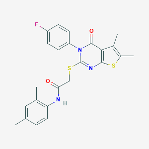 molecular formula C24H22FN3O2S2 B306123 N-(2,4-dimethylphenyl)-2-{[3-(4-fluorophenyl)-5,6-dimethyl-4-oxo-3,4-dihydrothieno[2,3-d]pyrimidin-2-yl]sulfanyl}acetamide 