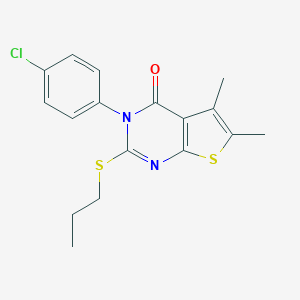 molecular formula C17H17ClN2OS2 B306125 3-(4-chlorophenyl)-5,6-dimethyl-2-(propylsulfanyl)thieno[2,3-d]pyrimidin-4(3H)-one 