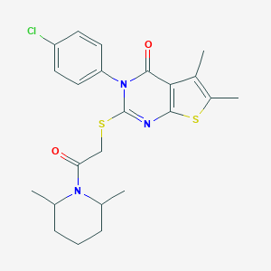 molecular formula C23H26ClN3O2S2 B306128 3-(4-chlorophenyl)-2-{[2-(2,6-dimethyl-1-piperidinyl)-2-oxoethyl]sulfanyl}-5,6-dimethylthieno[2,3-d]pyrimidin-4(3H)-one 