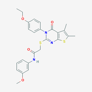 molecular formula C25H25N3O4S2 B306133 2-{[3-(4-ethoxyphenyl)-5,6-dimethyl-4-oxo-3,4-dihydrothieno[2,3-d]pyrimidin-2-yl]sulfanyl}-N-(3-methoxyphenyl)acetamide 