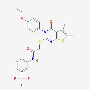 molecular formula C25H22F3N3O3S2 B306134 2-{[3-(4-ethoxyphenyl)-5,6-dimethyl-4-oxo-3,4-dihydrothieno[2,3-d]pyrimidin-2-yl]sulfanyl}-N-[3-(trifluoromethyl)phenyl]acetamide 