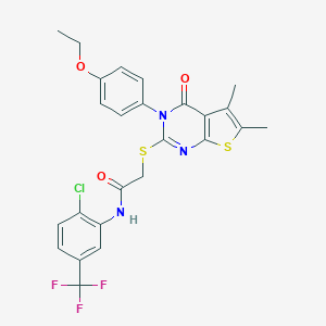 molecular formula C25H21ClF3N3O3S2 B306135 N-[2-chloro-5-(trifluoromethyl)phenyl]-2-{[3-(4-ethoxyphenyl)-5,6-dimethyl-4-oxo-3,4-dihydrothieno[2,3-d]pyrimidin-2-yl]sulfanyl}acetamide 