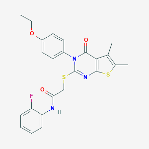 molecular formula C24H22FN3O3S2 B306137 2-{[3-(4-ethoxyphenyl)-5,6-dimethyl-4-oxo-3,4-dihydrothieno[2,3-d]pyrimidin-2-yl]sulfanyl}-N-(2-fluorophenyl)acetamide 
