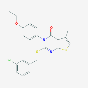 molecular formula C23H21ClN2O2S2 B306145 2-[(3-chlorobenzyl)sulfanyl]-3-(4-ethoxyphenyl)-5,6-dimethylthieno[2,3-d]pyrimidin-4(3H)-one 