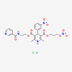 B3061596 3,5-Pyridinedicarboxylic acid, 1,4-dihydro-2,6-dimethyl-4-(3-nitrophenyl)-, 3-(3-(nitrooxy)propyl) 5-(2-((3-pyridinylcarbonyl)amino)ethyl) ester, monohydrochloride CAS No. 129904-55-8