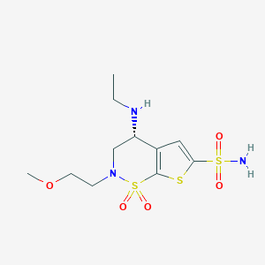 molecular formula C11H19N3O5S3 B3061714 (r)-4-Ethylamino-3,4-dihydro-2-(2-methoylethyl)-2h-thieno[3,2-e]-1,2-thiazine-6-sulfonamide-1,1-dioxide CAS No. 138890-59-2