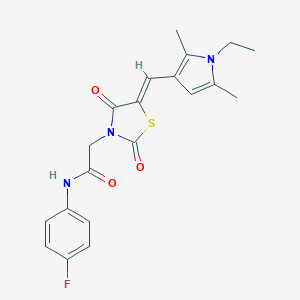 molecular formula C20H20FN3O3S B306175 2-{5-[(1-ethyl-2,5-dimethyl-1H-pyrrol-3-yl)methylene]-2,4-dioxo-1,3-thiazolidin-3-yl}-N-(4-fluorophenyl)acetamide 
