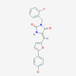 molecular formula C21H14BrFN2O3 B306177 (5Z)-5-{[5-(4-bromophenyl)furan-2-yl]methylidene}-3-(2-fluorobenzyl)imidazolidine-2,4-dione 