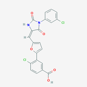 molecular formula C21H12Cl2N2O5 B306179 4-Chloro-3-(5-{[1-(3-chlorophenyl)-2,5-dioxo-4-imidazolidinylidene]methyl}-2-furyl)benzoic acid 