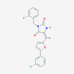 molecular formula C21H14ClFN2O3 B306182 5-{[5-(3-Chlorophenyl)-2-furyl]methylene}-3-(2-fluorobenzyl)-2,4-imidazolidinedione 