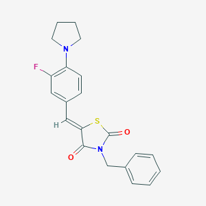 molecular formula C21H19FN2O2S B306184 3-Benzyl-5-[3-fluoro-4-(1-pyrrolidinyl)benzylidene]-1,3-thiazolidine-2,4-dione 