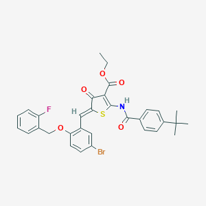 molecular formula C32H29BrFNO5S B306205 ethyl (5Z)-5-[[5-bromo-2-[(2-fluorophenyl)methoxy]phenyl]methylidene]-2-[(4-tert-butylbenzoyl)amino]-4-oxothiophene-3-carboxylate 