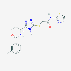 molecular formula C20H24N6O2S2 B306221 3-methyl-N-[2-methyl-1-(4-methyl-5-{[2-oxo-2-(1,3-thiazol-2-ylamino)ethyl]sulfanyl}-4H-1,2,4-triazol-3-yl)propyl]benzamide 