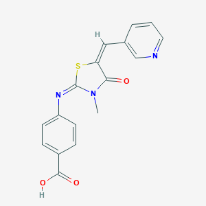 molecular formula C17H13N3O3S B306223 4-{[(2Z,5E)-3-methyl-4-oxo-5-(pyridin-3-ylmethylidene)-1,3-thiazolidin-2-ylidene]amino}benzoic acid 