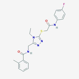 molecular formula C21H22FN5O2S B306224 N-{[4-ethyl-5-({2-[(4-fluorophenyl)amino]-2-oxoethyl}sulfanyl)-4H-1,2,4-triazol-3-yl]methyl}-2-methylbenzamide 