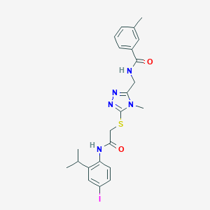 molecular formula C23H26IN5O2S B306226 N-({5-[(2-{[4-iodo-2-(propan-2-yl)phenyl]amino}-2-oxoethyl)sulfanyl]-4-methyl-4H-1,2,4-triazol-3-yl}methyl)-3-methylbenzamide 