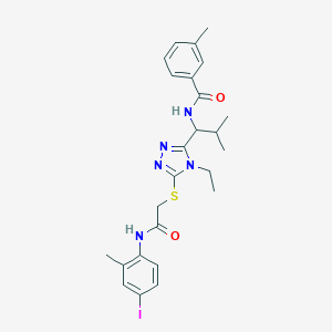 molecular formula C25H30IN5O2S B306228 N-{1-[4-ethyl-5-({2-[(4-iodo-2-methylphenyl)amino]-2-oxoethyl}sulfanyl)-4H-1,2,4-triazol-3-yl]-2-methylpropyl}-3-methylbenzamide 