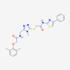 molecular formula C25H26N6O3S2 B306233 2-(2,6-dimethylphenoxy)-N-{[4-methyl-5-({2-oxo-2-[(4-phenyl-1,3-thiazol-2-yl)amino]ethyl}sulfanyl)-4H-1,2,4-triazol-3-yl]methyl}acetamide 