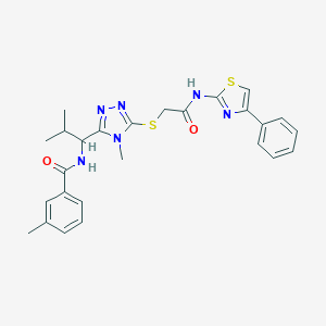 molecular formula C26H28N6O2S2 B306234 3-methyl-N-{2-methyl-1-[4-methyl-5-({2-oxo-2-[(4-phenyl-1,3-thiazol-2-yl)amino]ethyl}sulfanyl)-4H-1,2,4-triazol-3-yl]propyl}benzamide 