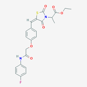 molecular formula C23H21FN2O6S B306238 ethyl 2-[(5E)-5-(4-{2-[(4-fluorophenyl)amino]-2-oxoethoxy}benzylidene)-2,4-dioxo-1,3-thiazolidin-3-yl]propanoate 