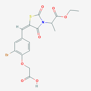 molecular formula C17H16BrNO7S B306239 (2-bromo-4-{(E)-[3-(1-ethoxy-1-oxopropan-2-yl)-2,4-dioxo-1,3-thiazolidin-5-ylidene]methyl}phenoxy)acetic acid 