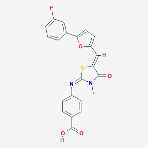 molecular formula C22H15FN2O4S B306254 4-{[(2E,5Z)-5-{[5-(3-fluorophenyl)furan-2-yl]methylidene}-3-methyl-4-oxo-1,3-thiazolidin-2-ylidene]amino}benzoic acid 
