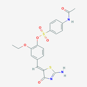molecular formula C20H19N3O6S2 B306266 2-Ethoxy-4-[(2-imino-4-oxo-1,3-thiazolidin-5-ylidene)methyl]phenyl 4-(acetylamino)benzenesulfonate 