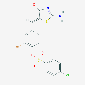 molecular formula C16H10BrClN2O4S2 B306267 2-Bromo-4-[(2-imino-4-oxo-1,3-thiazolidin-5-ylidene)methyl]phenyl 4-chlorobenzenesulfonate 