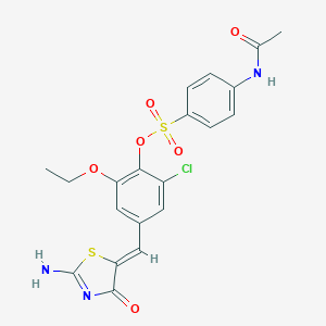 molecular formula C20H18ClN3O6S2 B306281 2-Chloro-6-ethoxy-4-[(2-imino-4-oxo-1,3-thiazolidin-5-ylidene)methyl]phenyl 4-(acetylamino)benzenesulfonate 