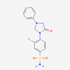 molecular formula C15H14FN3O3S B3062985 Benzenesulfonamide, 3-fluoro-4-(5-oxo-3-phenyl-1-imidazolidinyl)- CAS No. 53297-78-2