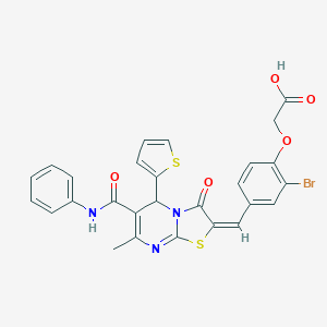 molecular formula C27H20BrN3O5S2 B306316 {4-[(6-(anilinocarbonyl)-7-methyl-3-oxo-5-thien-2-yl-5H-[1,3]thiazolo[3,2-a]pyrimidin-2(3H)-ylidene)methyl]-2-bromophenoxy}acetic acid 