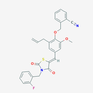 molecular formula C29H23FN2O4S B306318 2-[(2-Allyl-4-{[3-(2-fluorobenzyl)-2,4-dioxo-1,3-thiazolidin-5-ylidene]methyl}-6-methoxyphenoxy)methyl]benzonitrile 